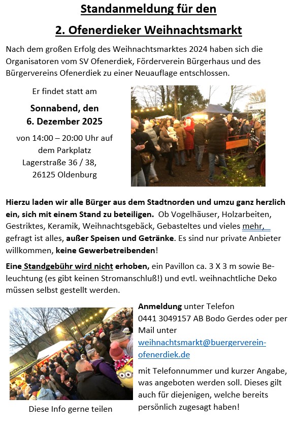 Standanmeldung für den 2. Ofenerdieker Weihnachtsmarkt
